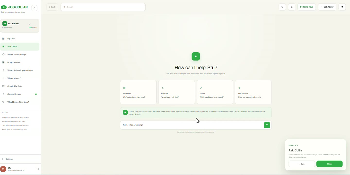 Collie assistant screen with suggested questions, a question input and an answer shown with its reasoning