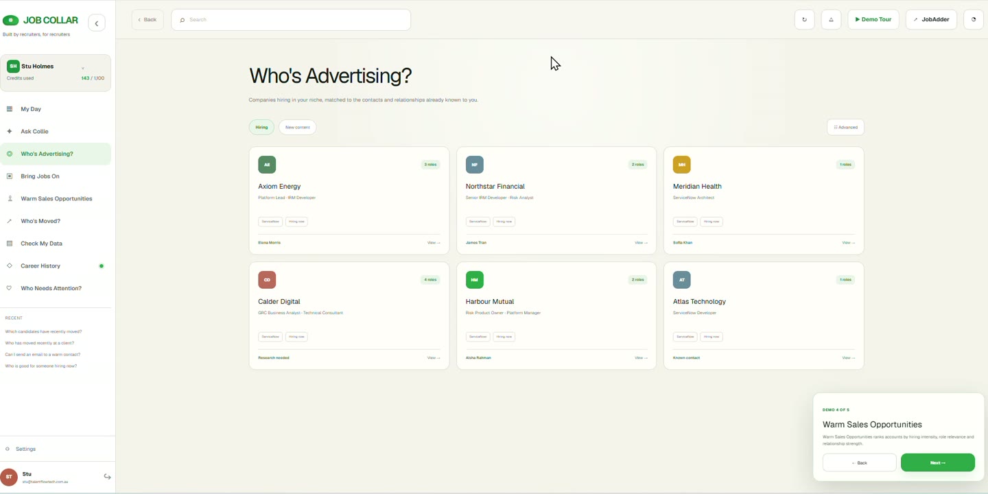 Who's advertising view listing organisations with their currently advertised roles and supporting evidence