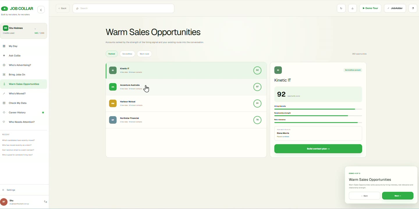 Warm opportunity view showing placed Candidates and past Contacts that provide a credible route into an organisation