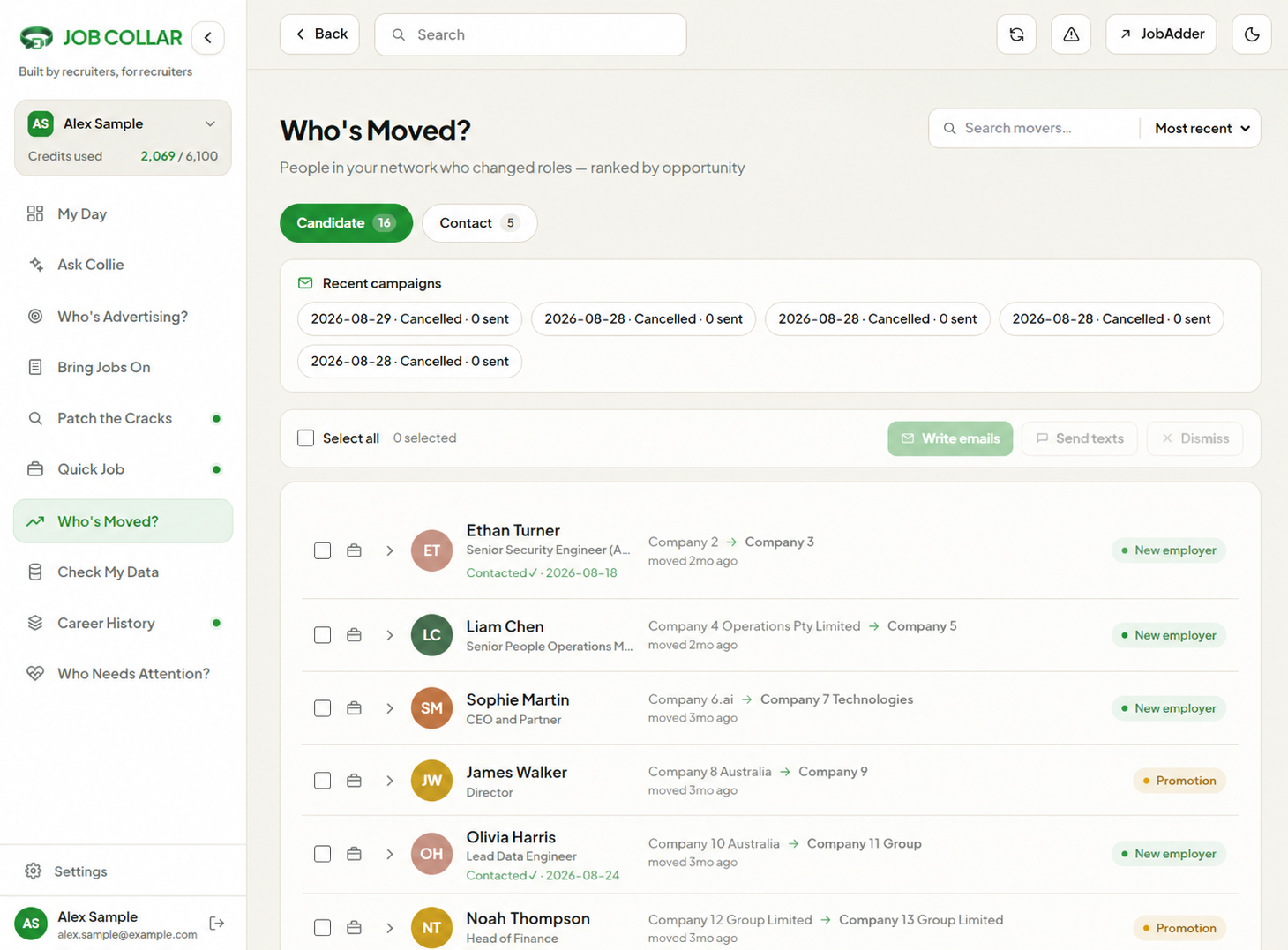 Job Collar Who's Moved screen listing people who changed roles with previous and new employers.