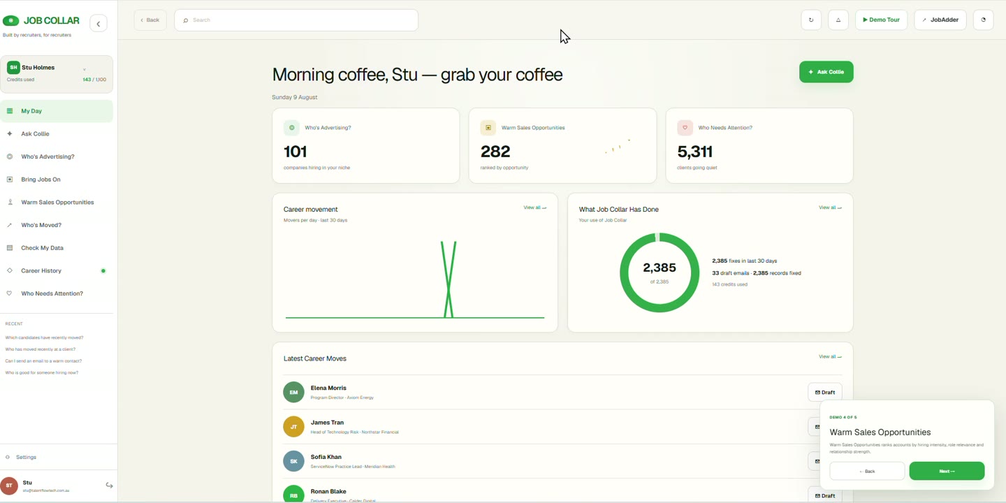Job Collar morning brief showing overnight changes across the database and a summary of prepared activity