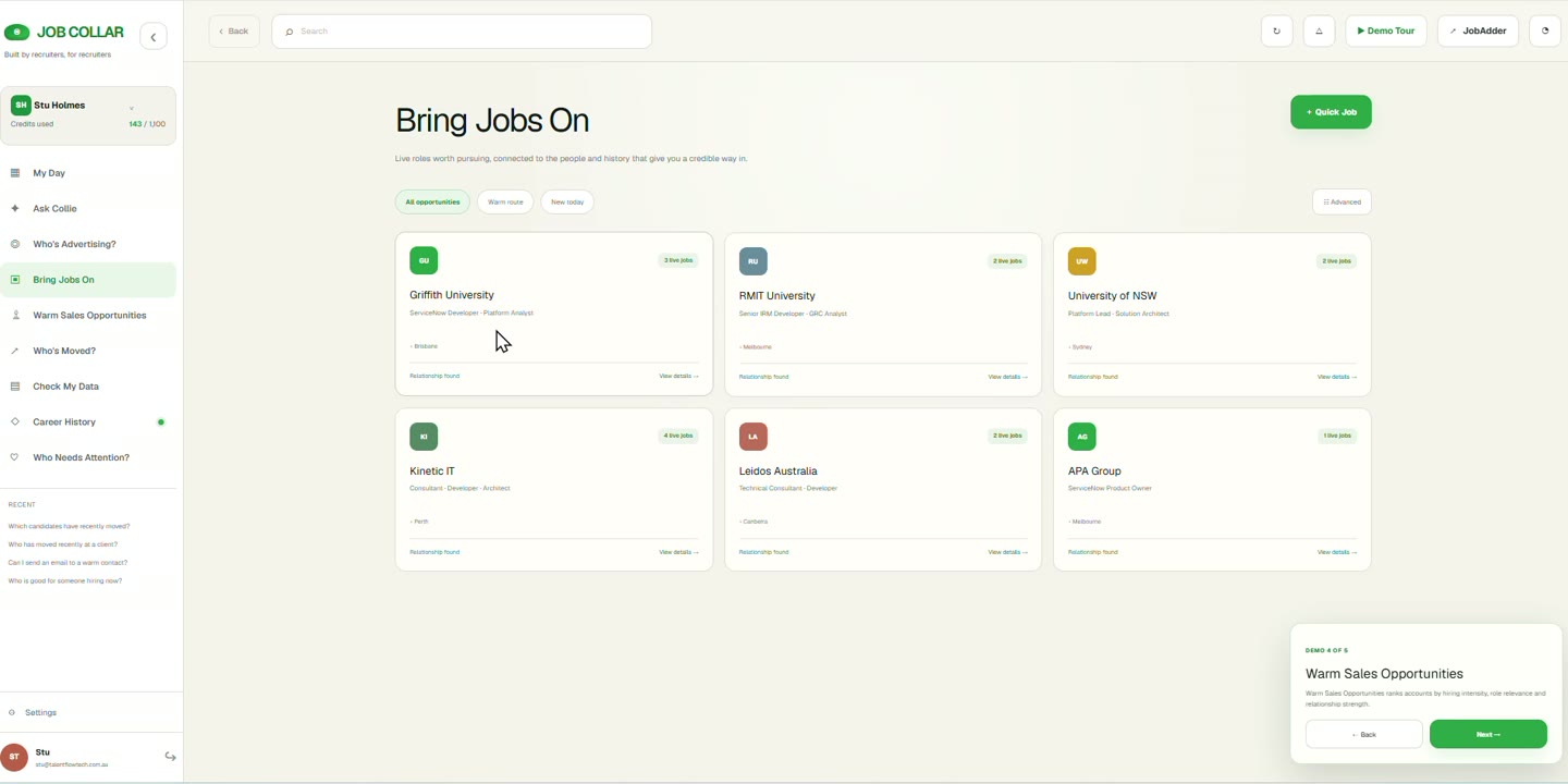 Live advertised roles grouped by employer, matched to the kind of work the desk places